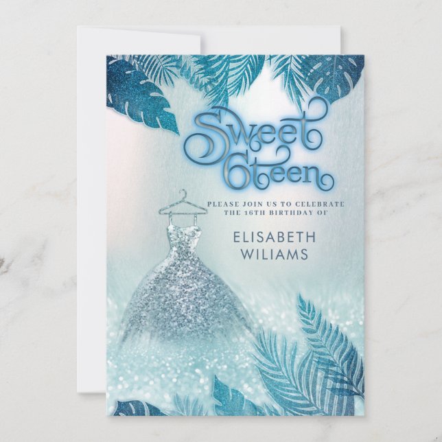 Adorable blue tropical leaves glitter sweet 16 invitation (Front)