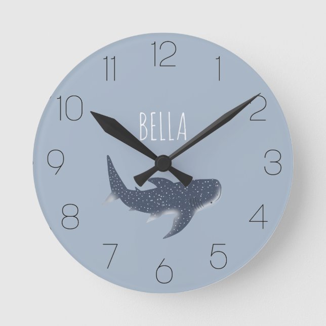 Adorable Blue Under the Sea Whale Shark Name Round Clock (Front)