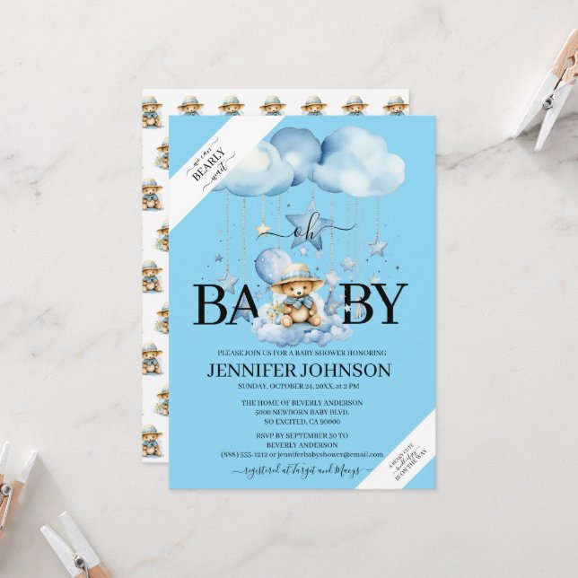 Adorable Blue Watercolor Teddy Bear Baby Shower Invitation (Front/Back In Situ)