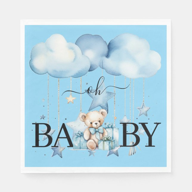 Adorable Blue Watercolor Teddy Bear Baby Shower Napkin (Front)