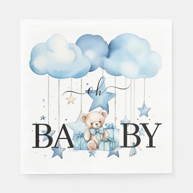Adorable Blue Watercolor Teddy Bear Baby Shower Napkin (Front)