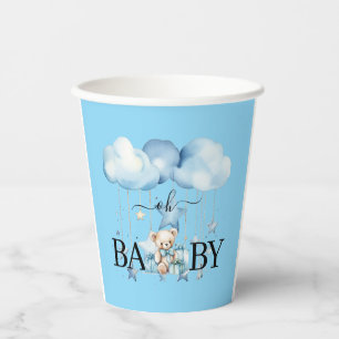 Adorable Blue Watercolor Teddy Bear Baby Shower Paper Cups