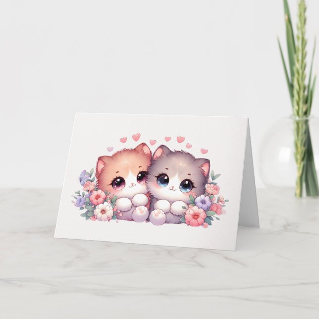 Adorable Blushing Kitten Pair Heart & Floral Blank Card (Front)