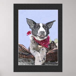 Adorable Border Collie Heeler Mix Dog Sketch Art Poster