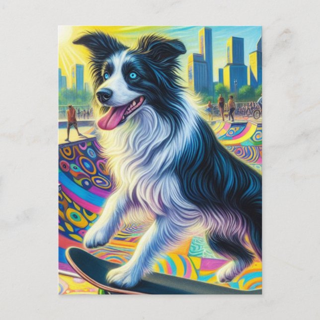 Adorable Border Collie Skateboarding Postcard (Front)