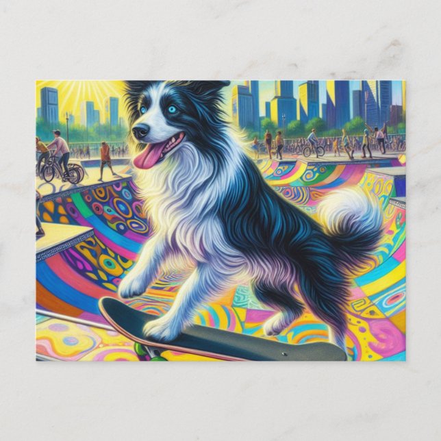Adorable Border Collie Skateboarding Postcard (Front)
