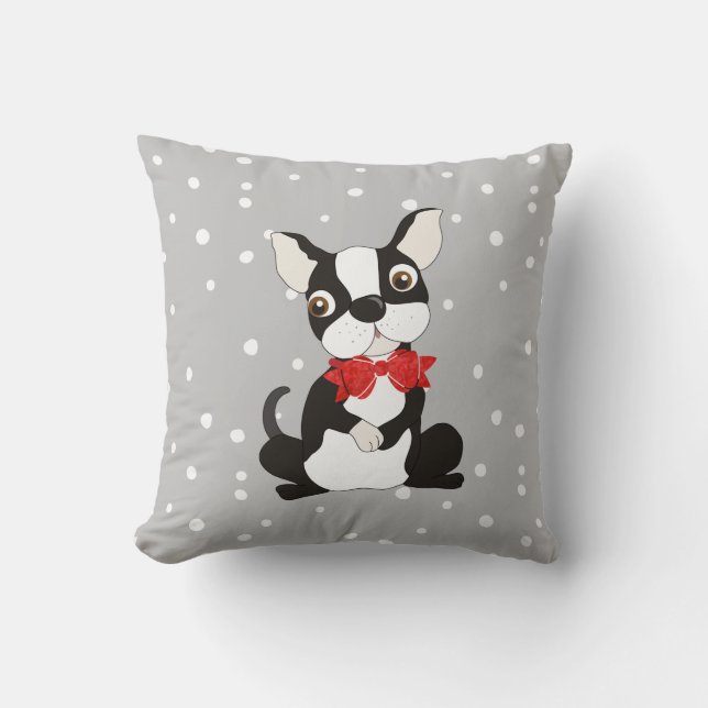 Adorable Boston Terrier in Bow Tie Throw Pillow (Front)