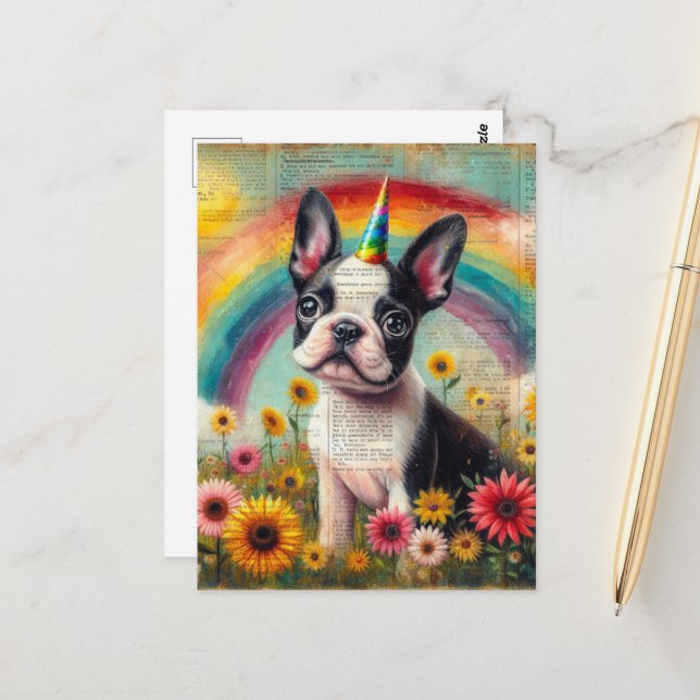 Adorable Boston Terrier Unicorn Puppy Collage Postcard (Front/Back In Situ)