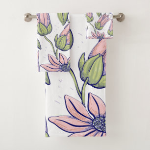 Adorable botanical pattern Pink and green l White Bath Towel Set