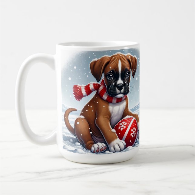 Adorable Boxer Puppy in Snowy Scenery Coffee Mug (Left)