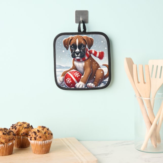 Adorable Boxer Puppy in Snowy Scenery Pot Holder (Insitu(Hanging))