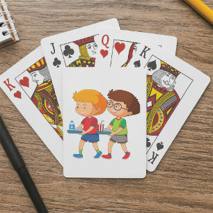 Adorable Boys Carrying Food Trays Playing Cards
