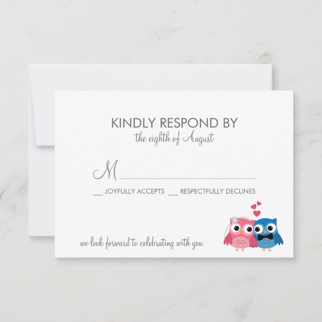 Adorable Bride and Groom Owls Wedding RSVP Card (Front)