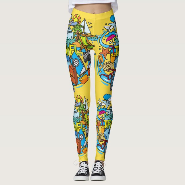 Adorable Bright yellow traveller Cartoon artwork Leggings (Front)