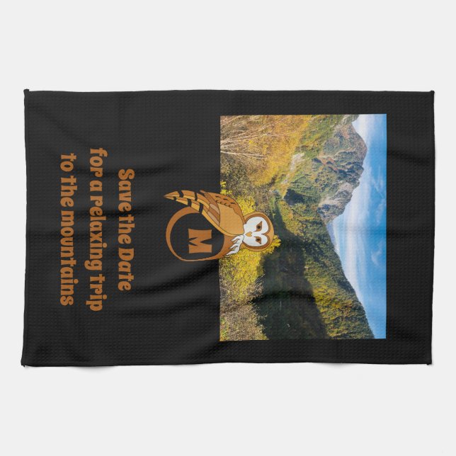 Adorable British Owl Nesting on Monogram Egg Photo Kitchen Towel (Horizontal)