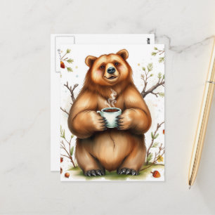 Adorable Brown Bear and a Coffee Postcard