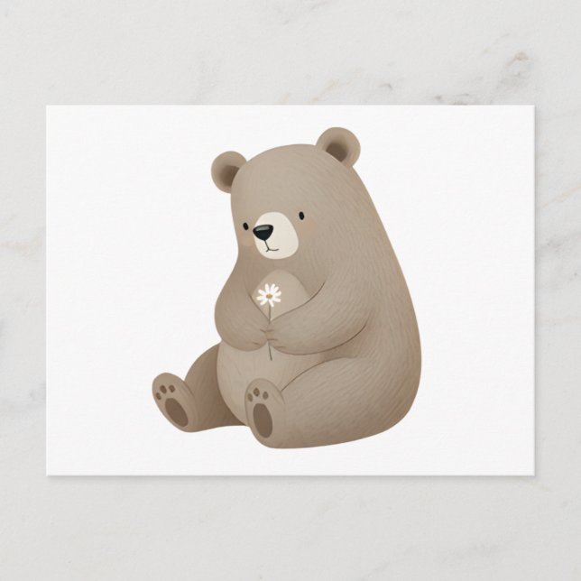 Adorable Brown Bear with Daisy – Illustration Postcard (Front)