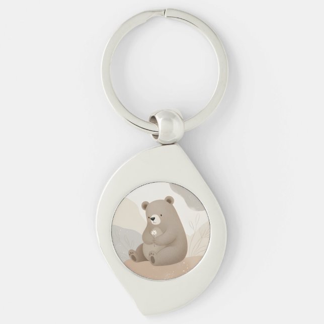 Adorable Brown Bear with Daisy - Watercolor Keychain (Front)