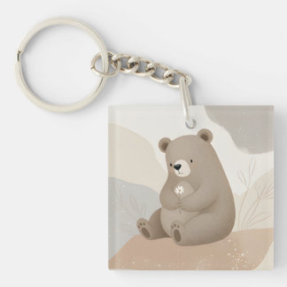 Adorable Brown Bear with Daisy - Watercolor Keychain
