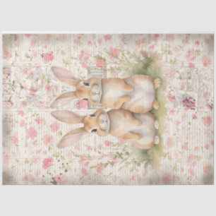 Adorable Brown Spring Cottage Bunnies Decoupage  Tissue Paper