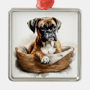 ADORABLE BROWN & WHITE BOXER DOG METAL ORNAMENT