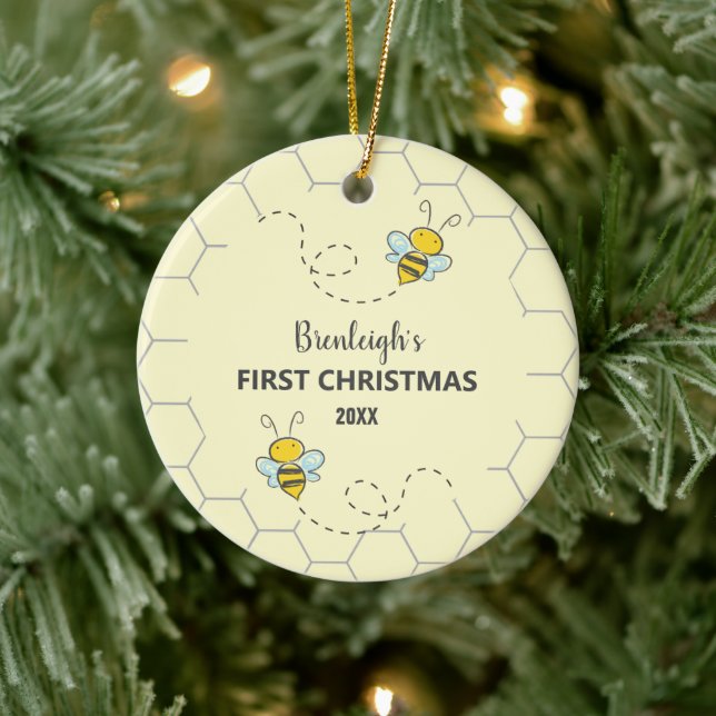 Adorable Bumble Bee First Christmas Custom Ceramic Ornament (Tree)