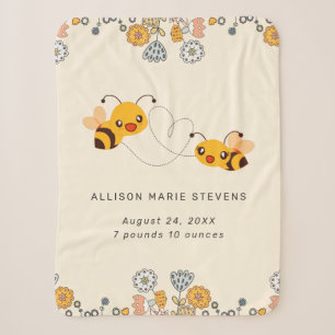 Adorable Bumble Bees & Flowers Baby Birth Stats Sherpa Blanket