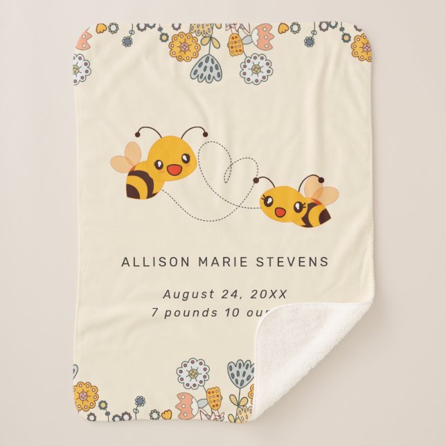 Adorable Bumble Bees & Flowers Baby Birth Stats Sherpa Blanket (Front)