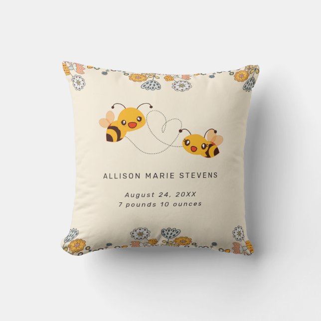Adorable Bumble Bees & Flowers Baby Birth Stats Throw Pillow (Front)