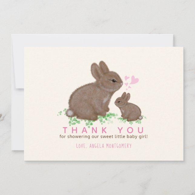 Adorable Bunnies Hearts Girl Baby Shower Thank You (Front)
