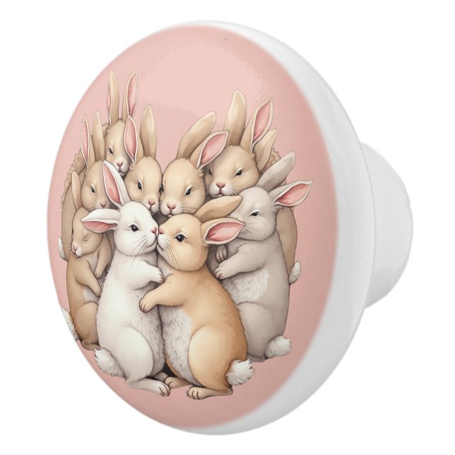 Adorable Bunnies in a Cozy Pastel Hug Illustration Ceramic Knob (Right)
