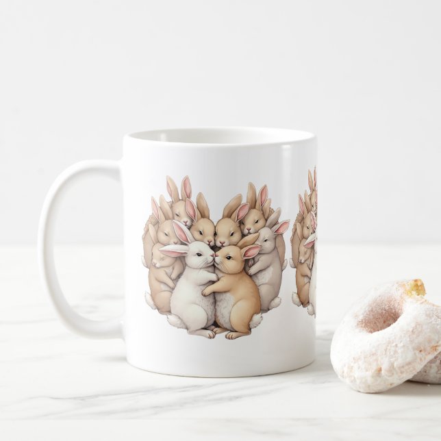 Adorable Bunnies in a Cozy Pastel Hug Illustration Coffee Mug (With Donut)