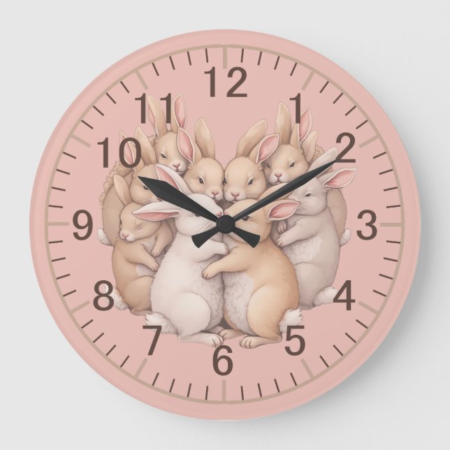 Adorable Bunnies in a Cozy Pastel Hug Illustration Large Clock (Front)