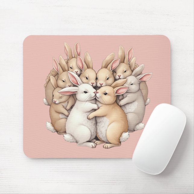 Adorable Bunnies in a Cozy Pastel Hug Illustration Mouse Pad (With Mouse)