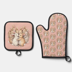Adorable Bunnies in a Cozy Pastel Hug Illustration Oven Mitt & Pot Holder Set