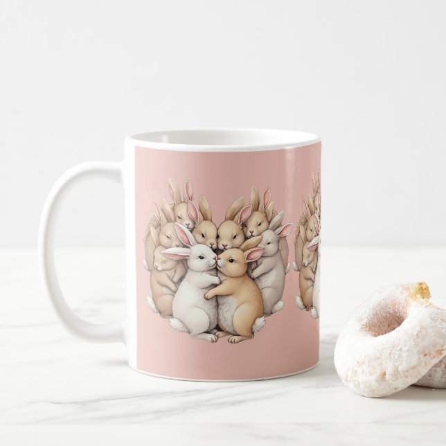 Adorable Bunnies in a Cozy Pastel Hug Pink Coffee Mug (With Donut)