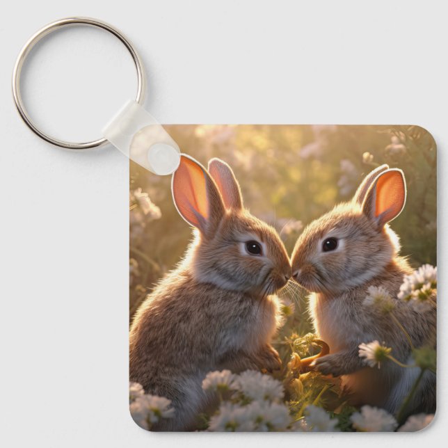 Adorable Bunnies in Spring Meadow Design Keychain (Front)