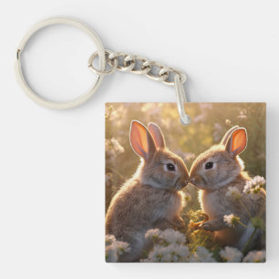 Adorable Bunnies in Spring Meadow Design Keychain
