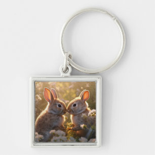 Adorable Bunnies in Spring Meadow Design Keychain