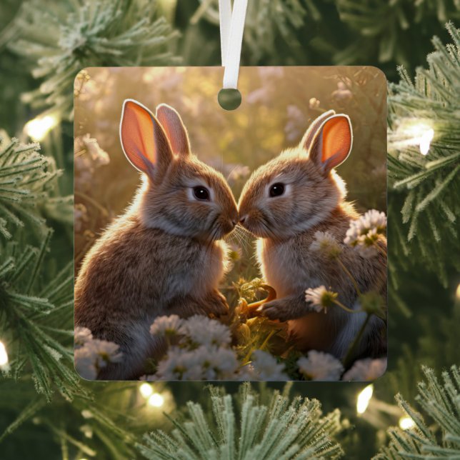 Adorable Bunnies in Spring Meadow Design Metal Ornament (Insitu)