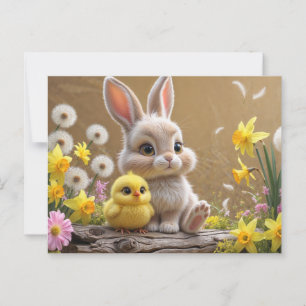 Adorable Bunny and Baby Chick in Spring Garden  Postcard