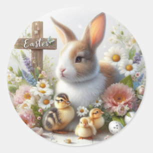 Adorable Bunny and Baby Ducklings Classic Round Sticker