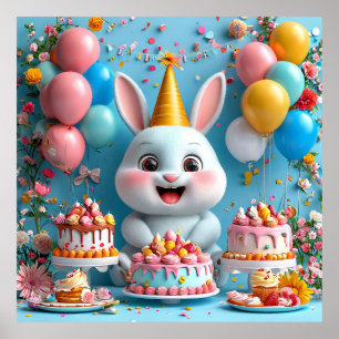 Adorable Bunny Celebrating Birthday Poster