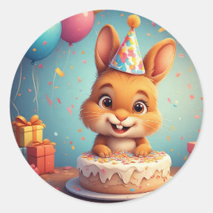 Adorable Bunny Celebrating Birthday with Cake Classic Round Sticker