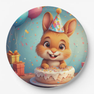 Adorable Bunny Celebrating Birthday with Cake Paper Plate