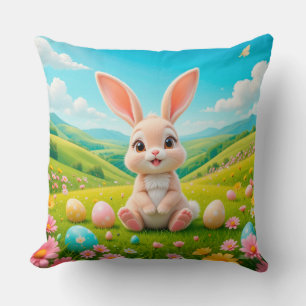 Adorable Bunny in a Colourful Spring Meadow Throw Pillow