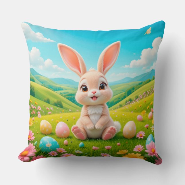 Adorable Bunny in a Colourful Spring Meadow Throw Pillow (Front)