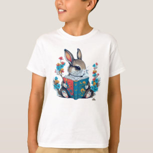 Adorable Bunny Rabbit Reading Book in Flower Garde T-Shirt