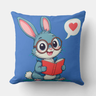 Adorable Bunny Wearing Glasses Reading a Book Throw Pillow
