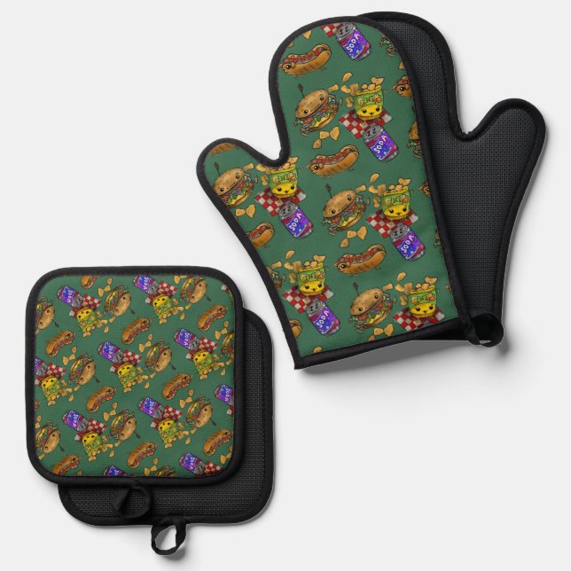 Adorable Burgers and Dogs  Oven Mitt & Pot Holder Set (Front/Back)